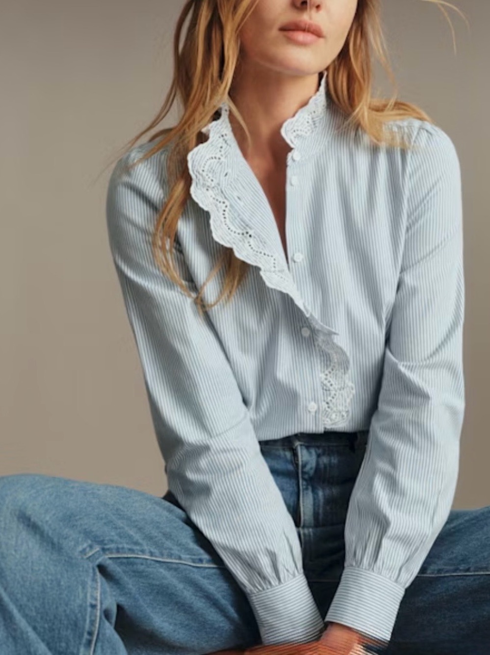 Sézane Light Blue Striped Ruffle-Trim Button Down Blouse